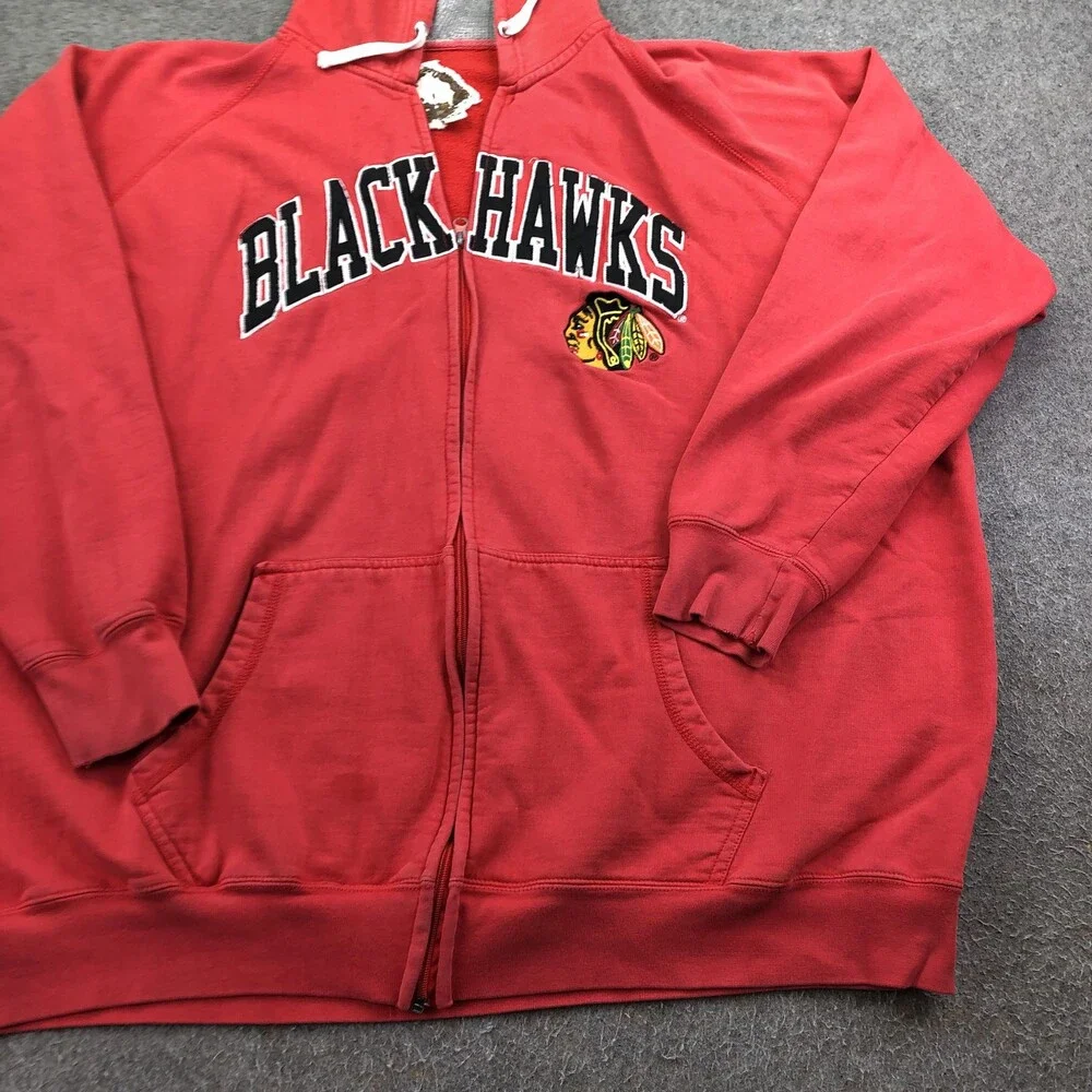 Vintage Chicago Blackhawks Hoodie Mens 4XL Red NHL Full Zip Sweatshirt Y2K
